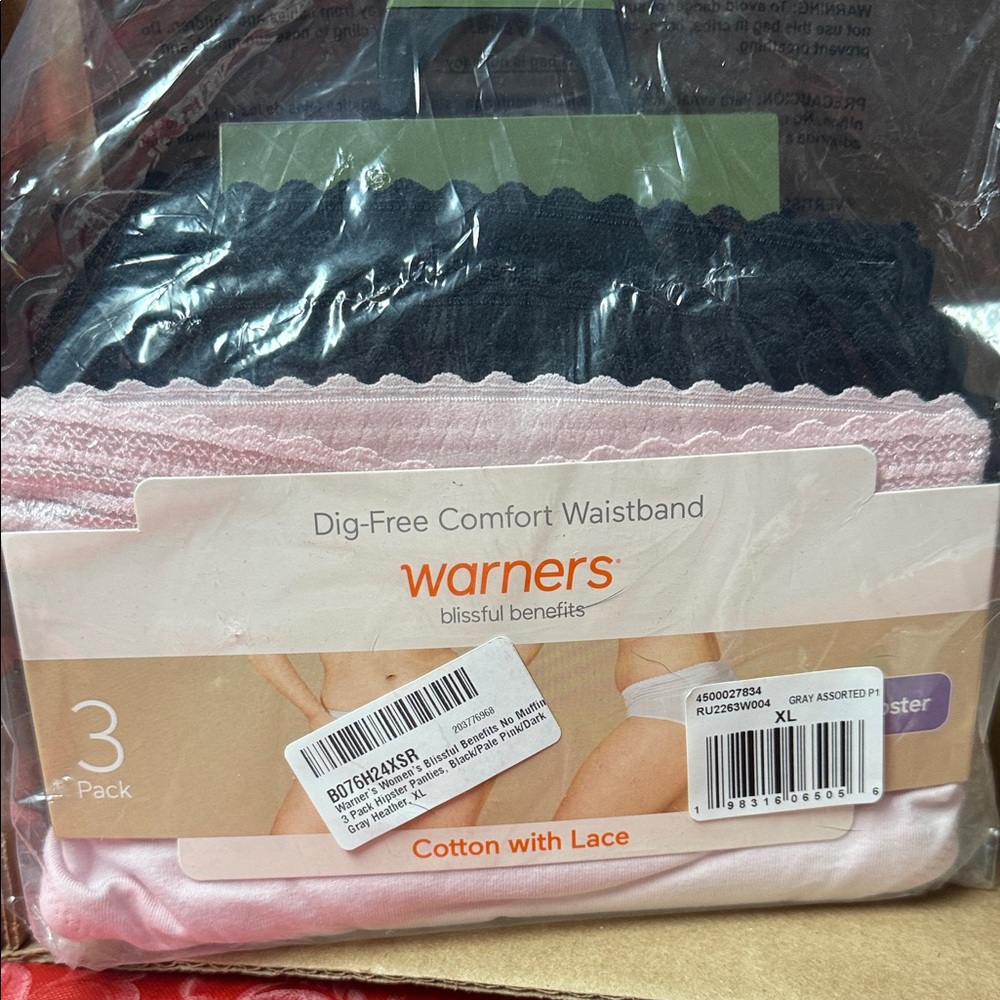 Warner's Lace Trim Cotton Panties 3-Pack - Black, Pink, Cream